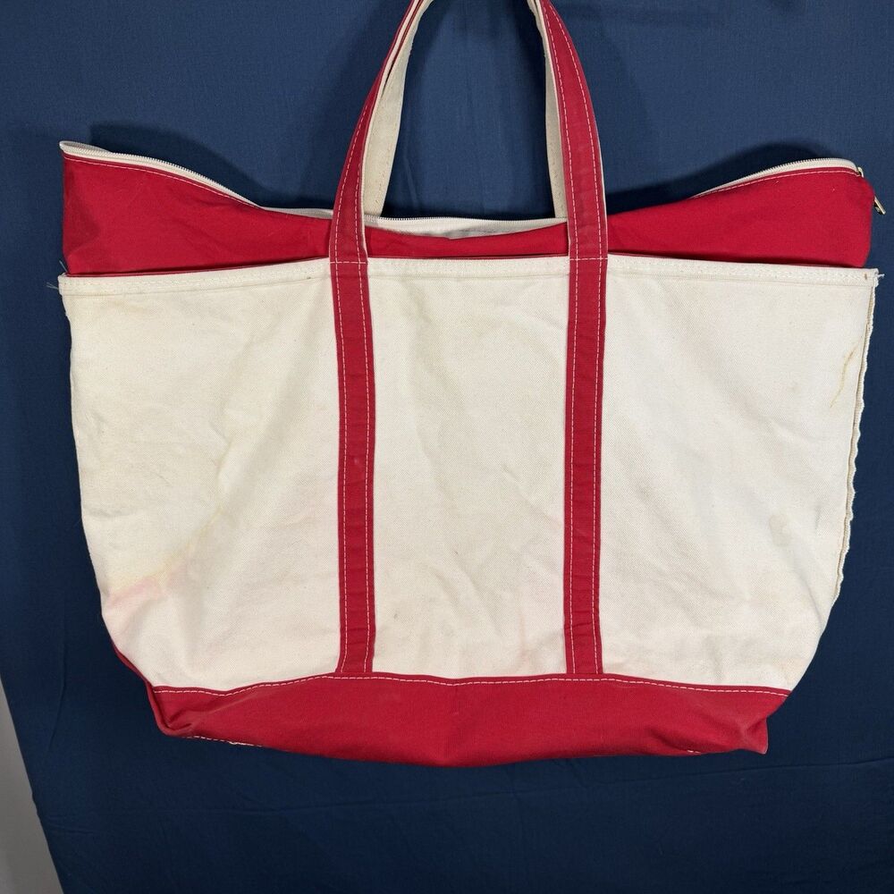 LL Bean Boat and Tote Red Trim White Canvas Tote Bag XL Zipper Top USA Made - Picture 5 of 10